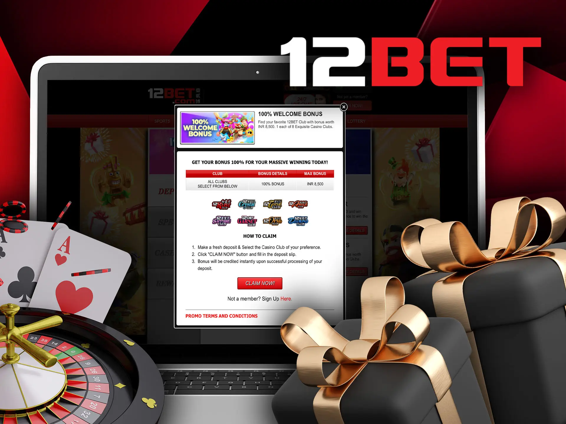 Make the first deposit after registration and get your 12bet casino bonus.