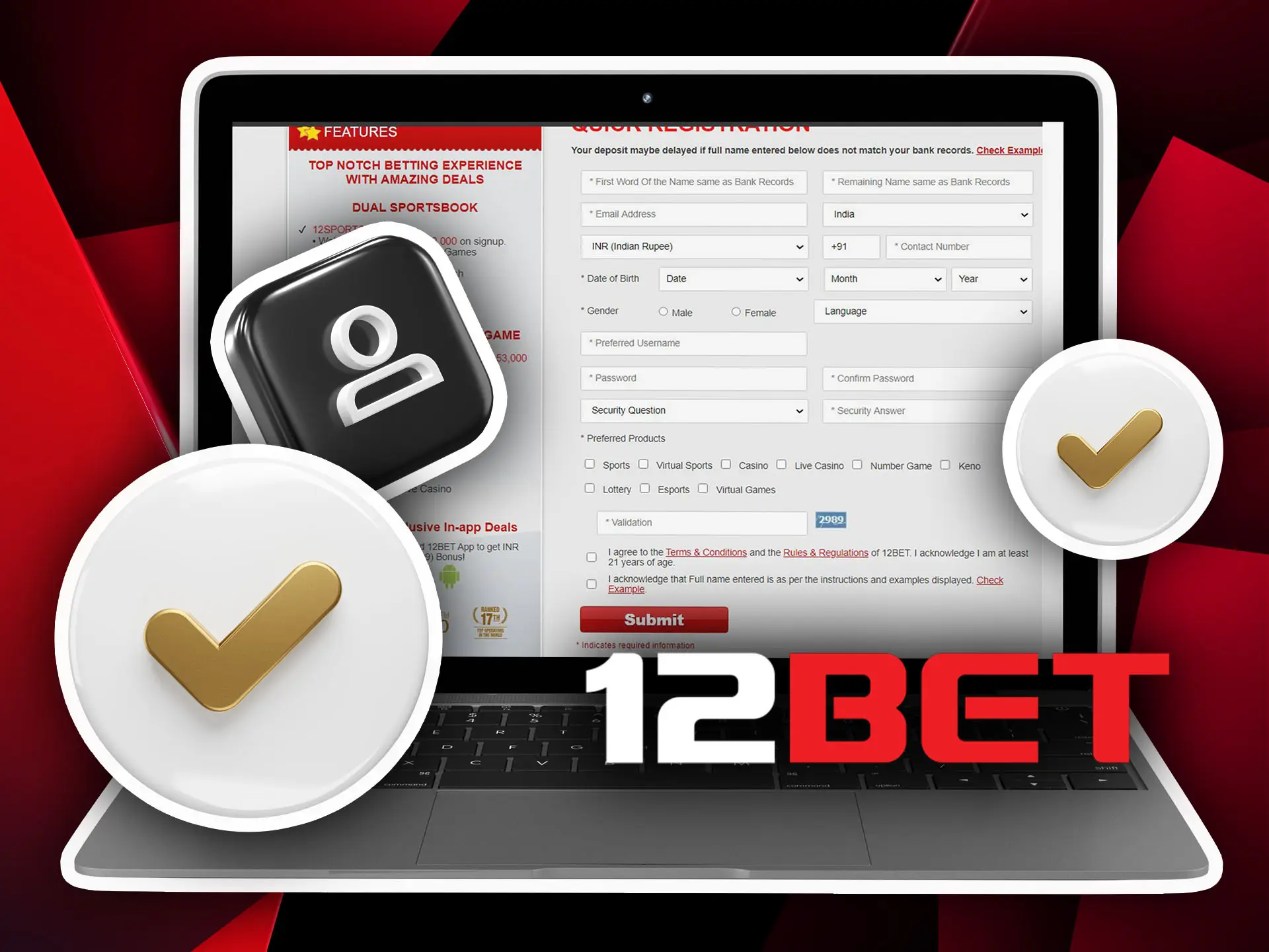 Verify your new 12bet account by providing the required data.