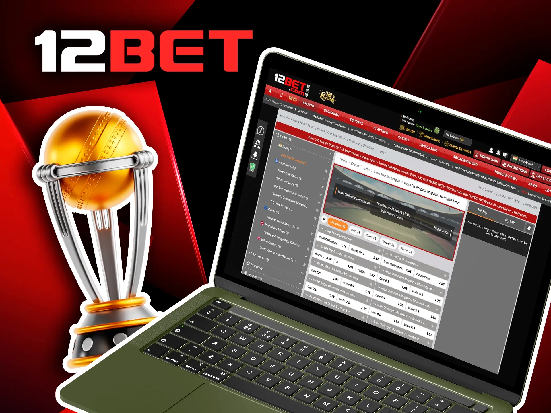 All the most famous tournaments are collected at 12Bet and are waiting for your accurate predictions on world cricket events.