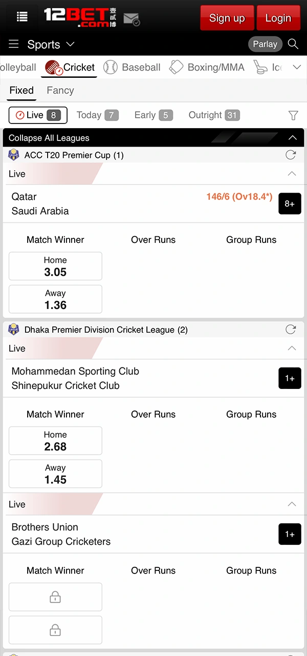 You can bet on cricket on the 12bet app.